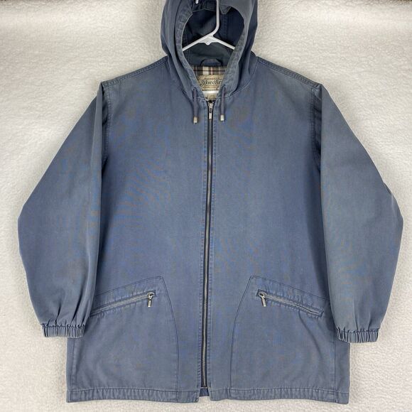 Vtg St Johns Bay Jacket Womens Sz L Blue Chore Coat Hooded Plaid Lined Full Zip - Picture 1 of 16